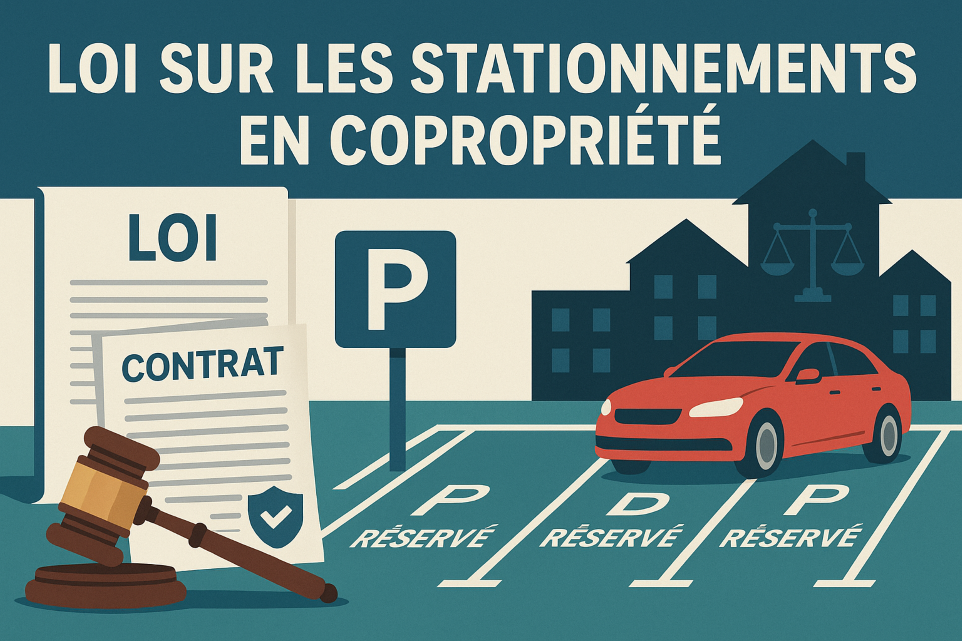 Illustration loi sur les stationnements en copropriété avec documents légaux, parking privatif et symboles de droits